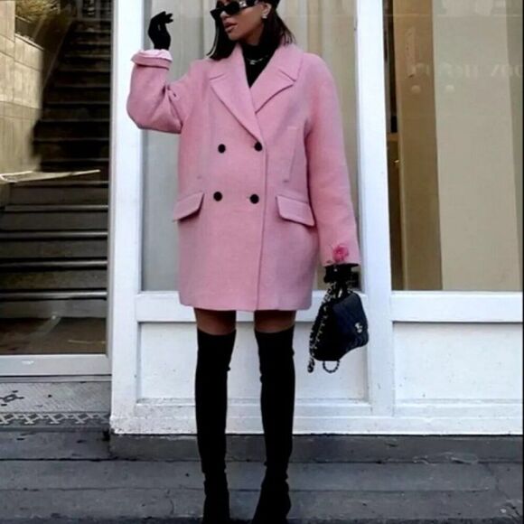 Zara Oversized Double-Breasted Coat Wool Blend Pink Size M NWT 2263/299 - Picture 1 of 6